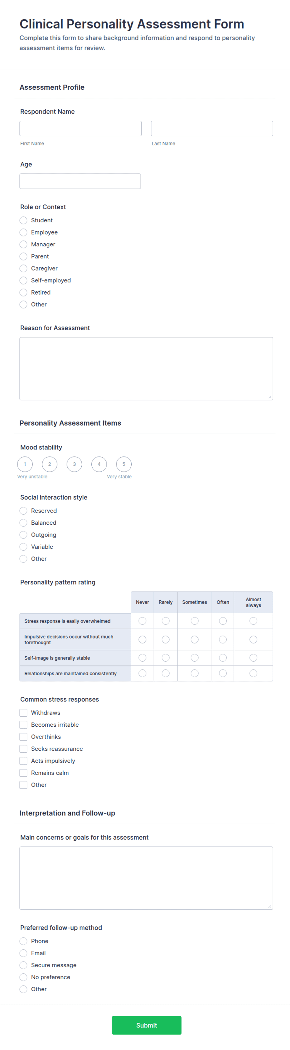 Clinical Personality Assessment Form Template | Jotform