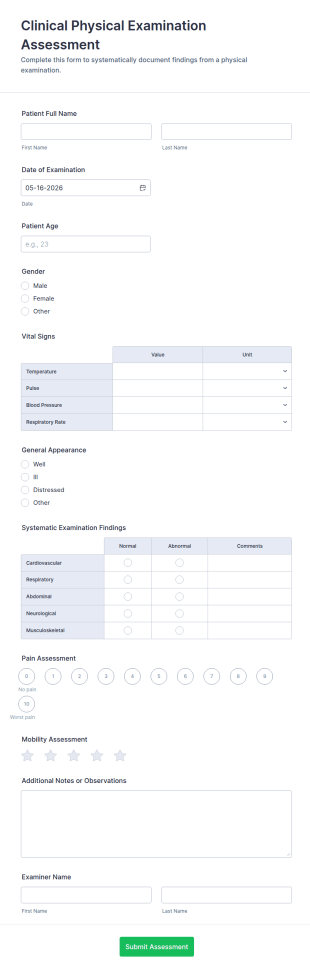 Clinical Physical Examination Assessment Form Template