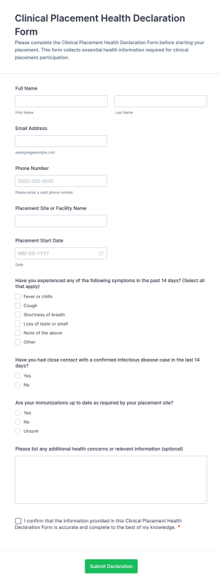 Clinical Placement Health Declaration Form Template