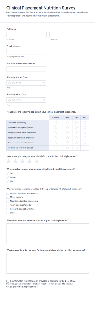 Clinical Placement Nutrition Survey Form Template