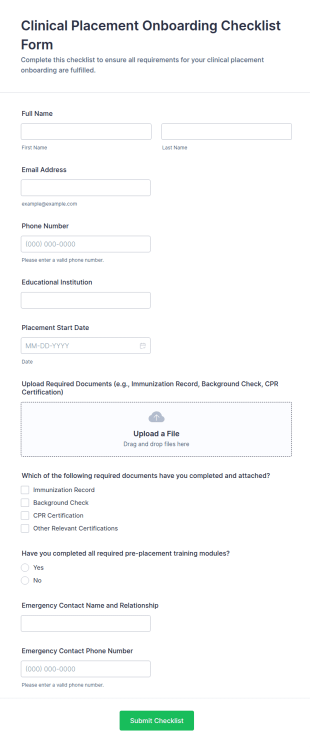 Clinical Placement Onboarding Checklist Form Template