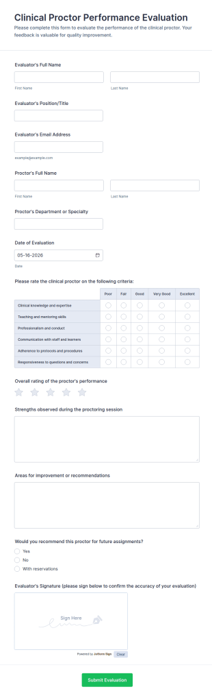 Clinical Proctor Performance Evaluation Form Template
