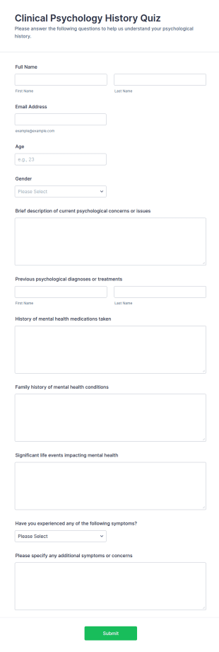 Clinical Psychology History Quiz Form Template