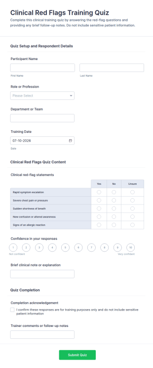 Clinical Red Flags Training Quiz Form Template