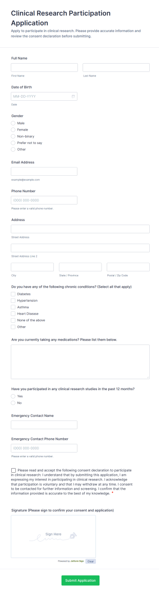 Clinical Research Participation Application Form Template