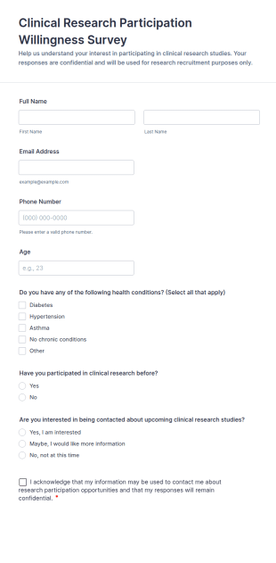 Clinical Research Participation Willingness Survey Form Template
