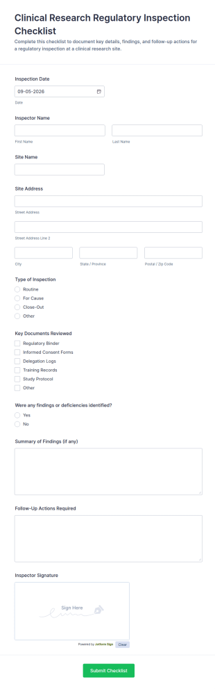 Clinical Research Regulatory Inspection Checklist Form Template