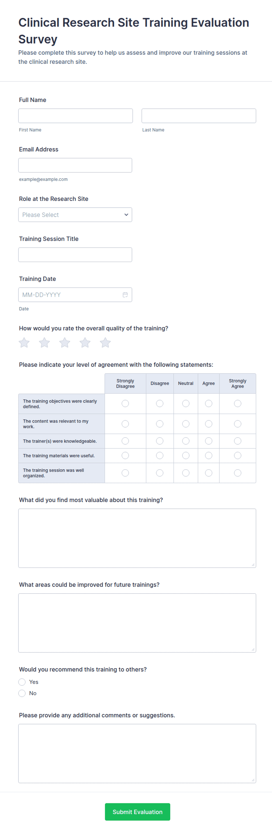 Clinical Research Site Training Evaluation Survey Form Template | Jotform