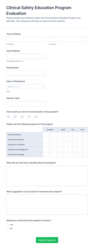 Clinical Safety Education Program Evaluation Form Template