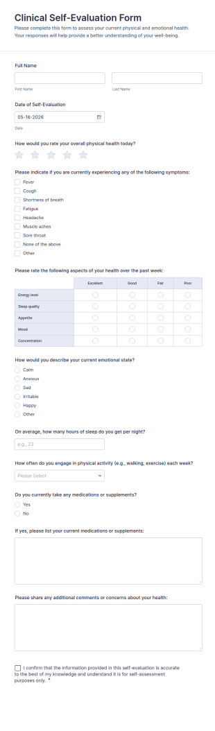 Clinical Self Evaluation Form Template