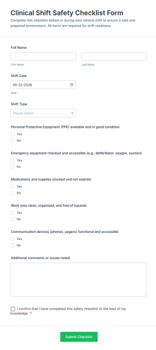 Clinical Shift Safety Checklist Form Template