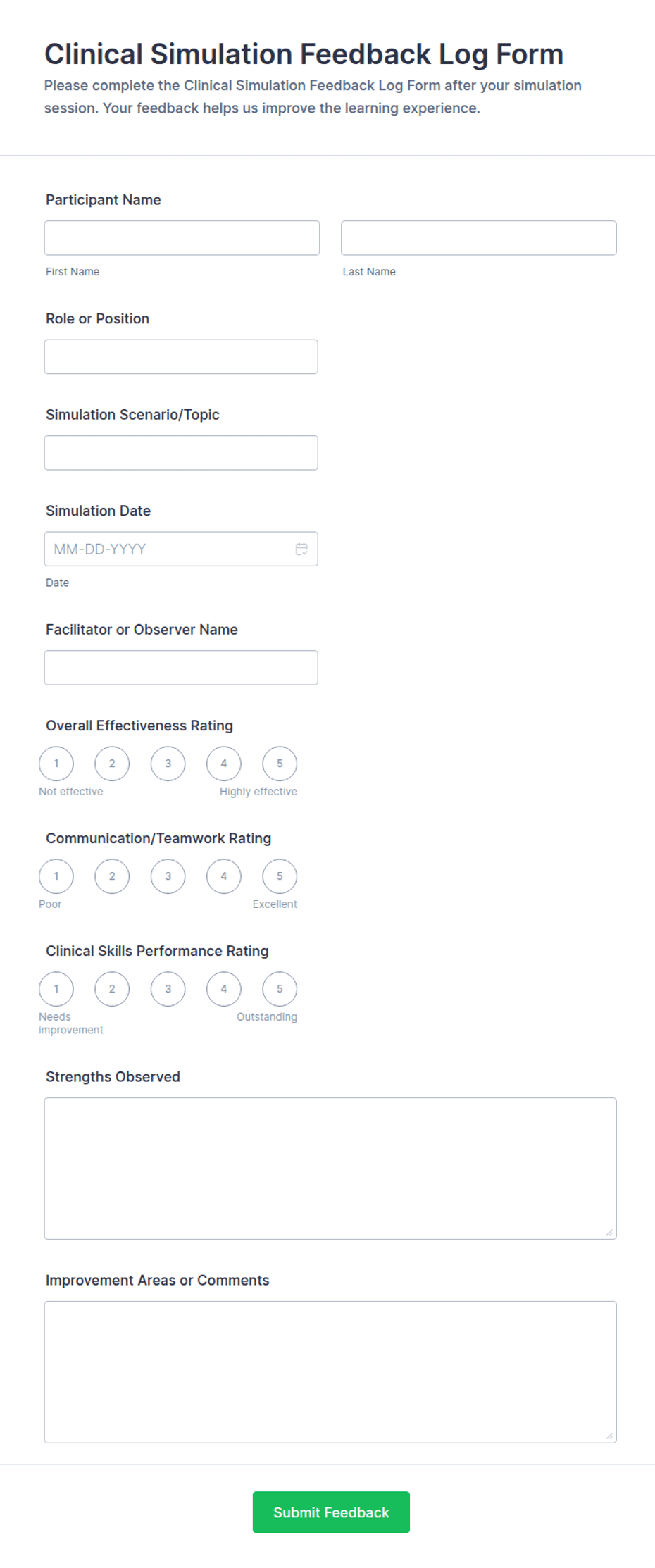 Clinical Simulation Feedback Log Form Template | Jotform
