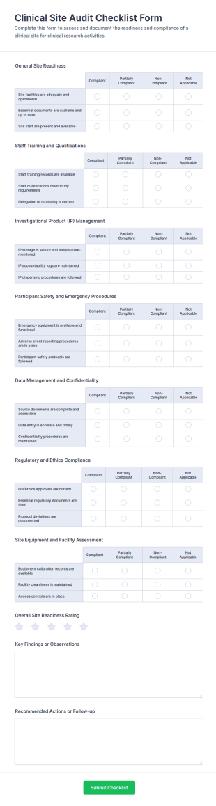 Clinical Site Audit Checklist Form Template