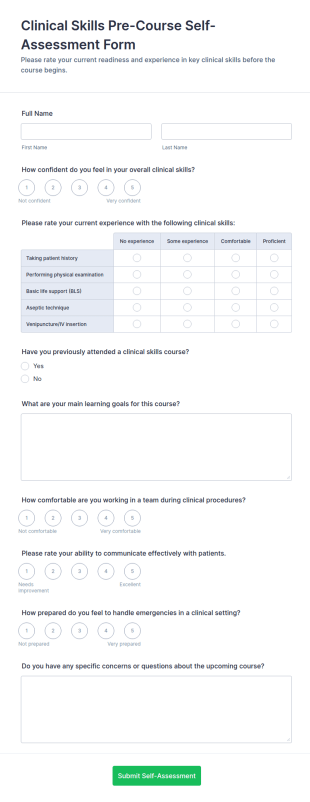 Clinical Skills Pre Course Self Assessment Form Template