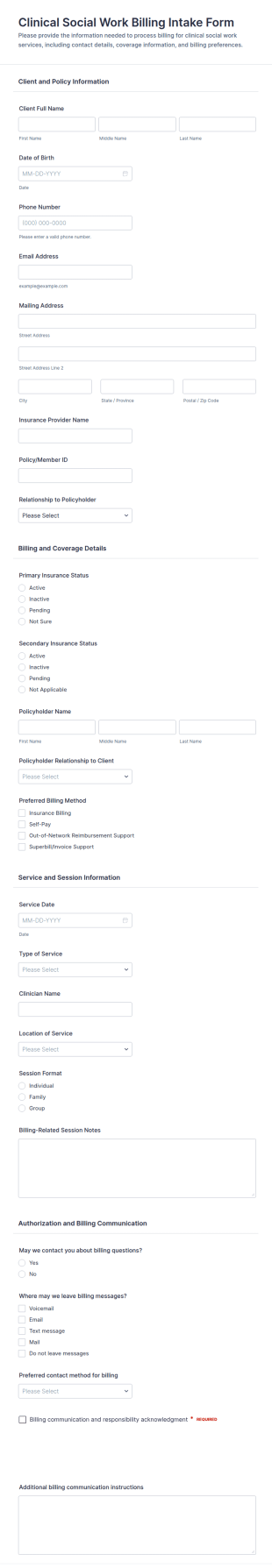 Clinical Social Work Billing Intake Form Template