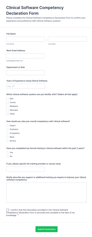 Clinical Software Competency Declaration Form Template