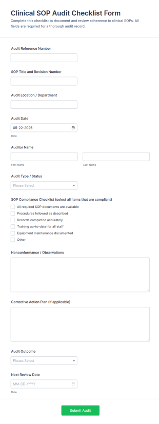 Clinical SOP Audit Checklist Form Template