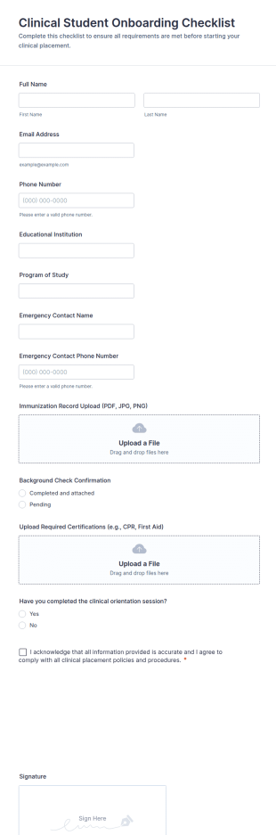 Clinical Student Onboarding Checklist Form Template