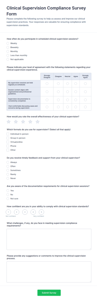 Clinical Supervision Compliance Survey Form Template