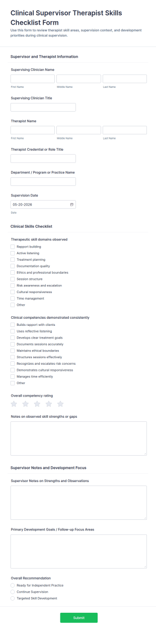 Clinical Supervisor Therapist Skills Checklist Form Template