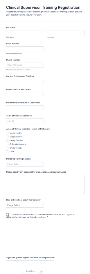 Clinical Supervisor Training Registration Form Template