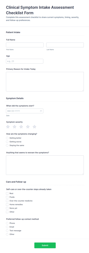 Clinical Symptom Intake Assessment Form Template