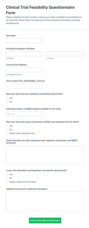 Clinical Trial Feasibility Questionnaire Form Template