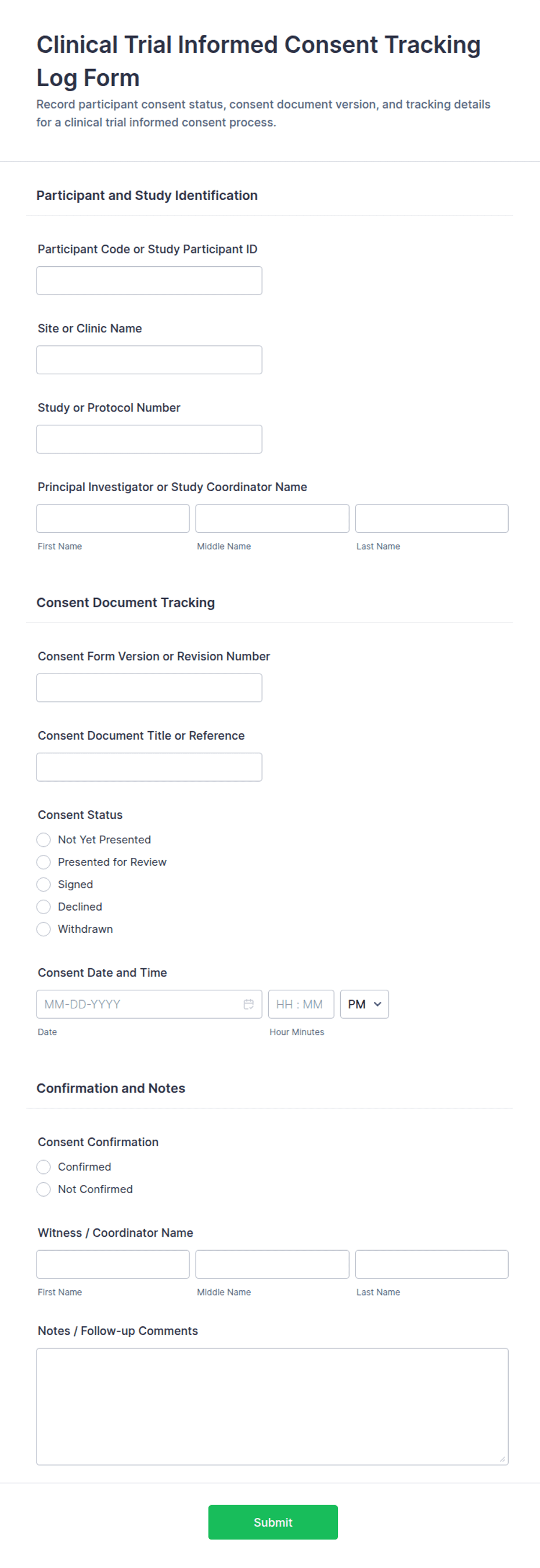 Clinical Trial Informed Consent Tracking Log Form Template | Jotform