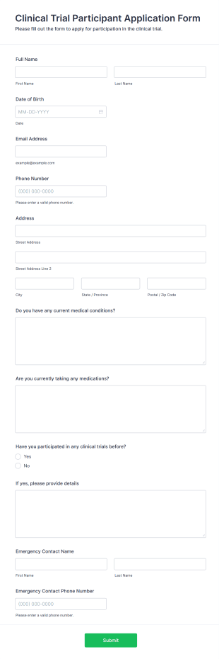 Clinical Trial Participant Application Form Form Template