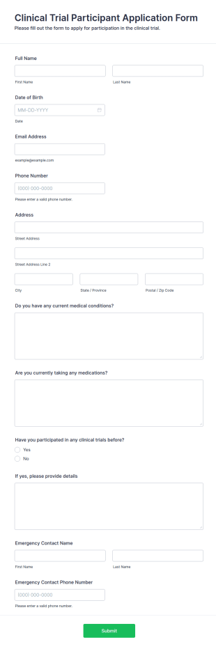 Clinical Trial Participant Application Form Template