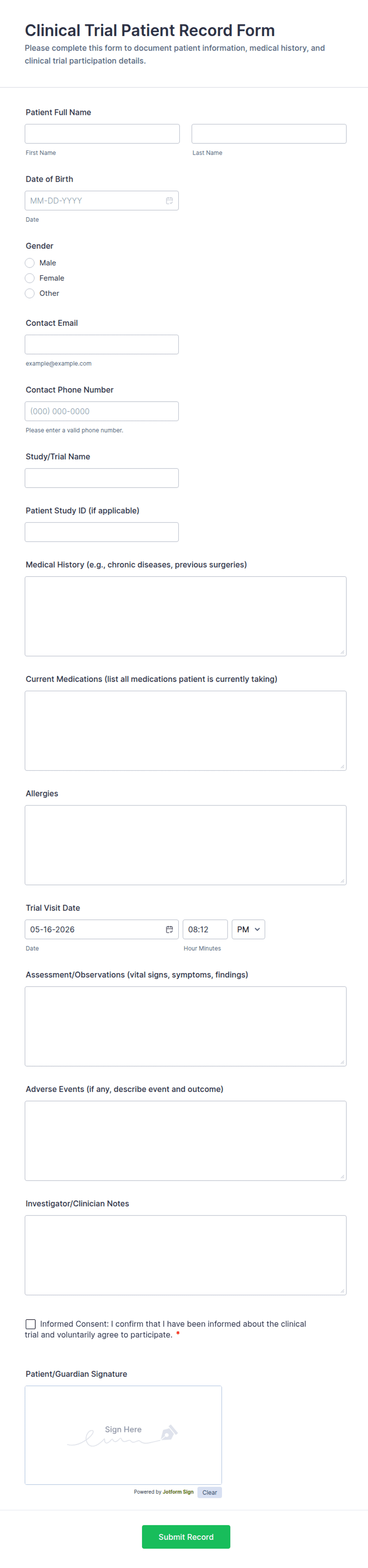 Clinical Trial Patient Record Form Template | Jotform