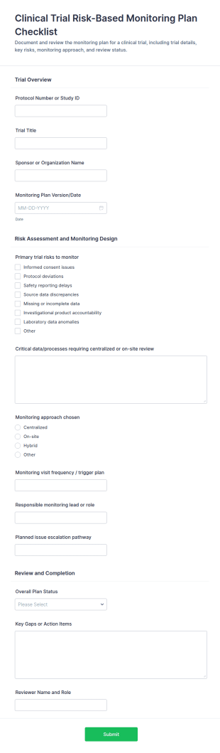 Clinical Trial Risk Based Monitoring Plan Checklist Form Template