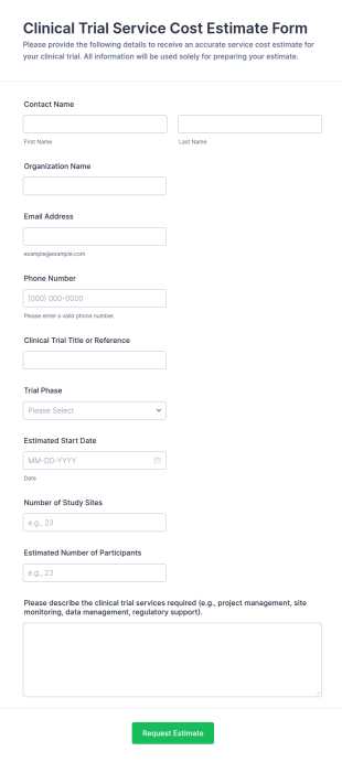 Clinical Trial Service Cost Estimate Form Template