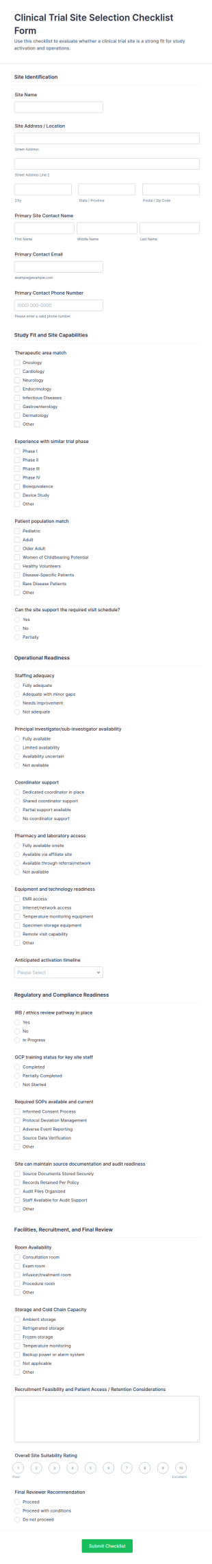 Clinical Trial Site Selection Checklist Form Template
