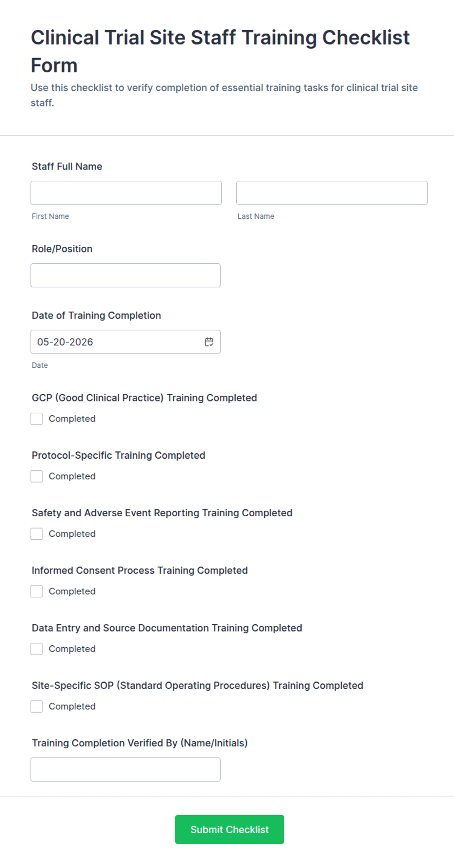 Clinical Trial Site Staff Training Checklist Form Template | Jotform