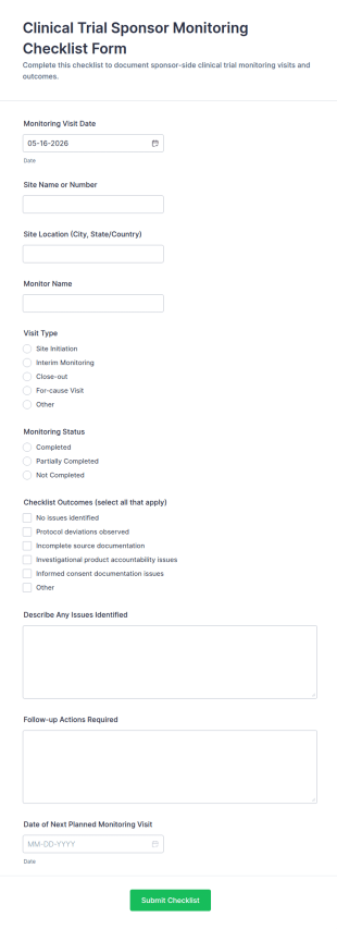 Clinical Trial Sponsor Monitoring Checklist Form Template