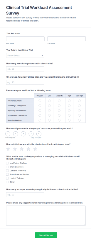 Clinical Trial Workload Assessment Survey Form Template