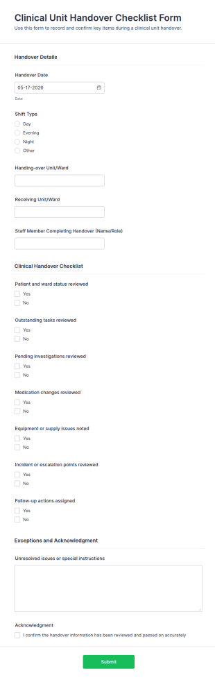 Clinical Unit Handover Checklist Form Template