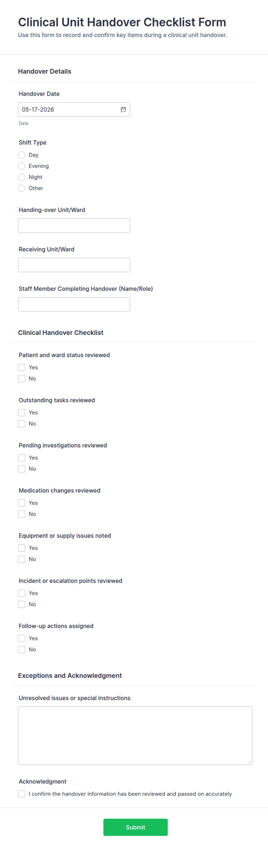 Clinical Unit Handover Checklist Form Template | Jotform