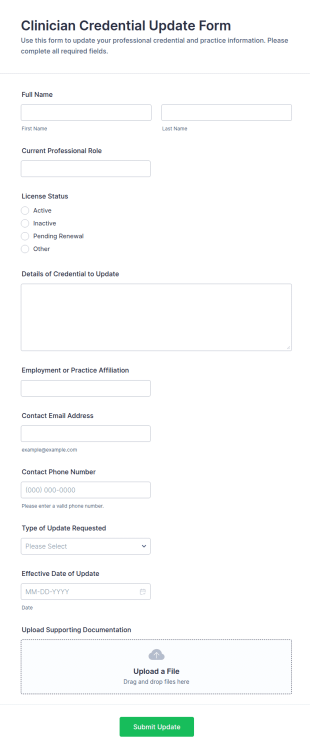 Clinician Credential Update Form Template