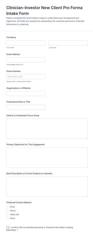 Clinician Investor New Client Pro Forma Intake Form Template