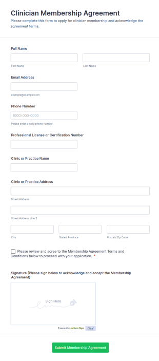 Clinician Membership Agreement Form Template