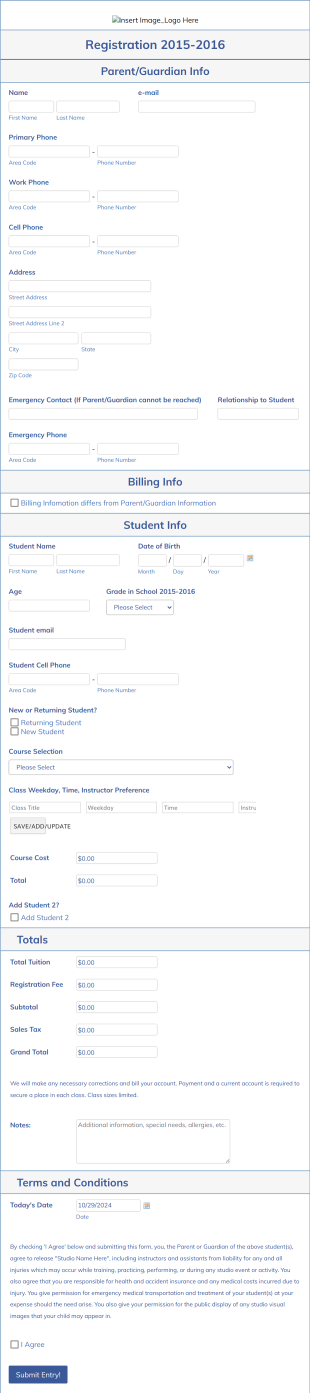 Student Registration Form For Dance Studio Form Template