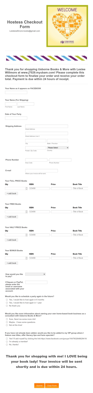 Clone Of Hostess Checkout Form Template