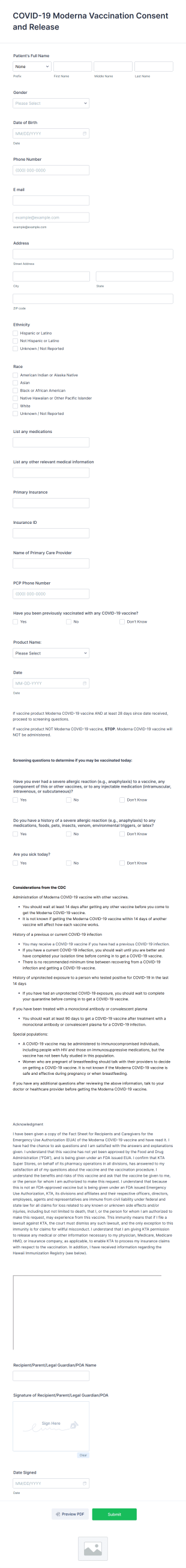 COVID 19 Moderna Vaccination Consent And Release Form Template