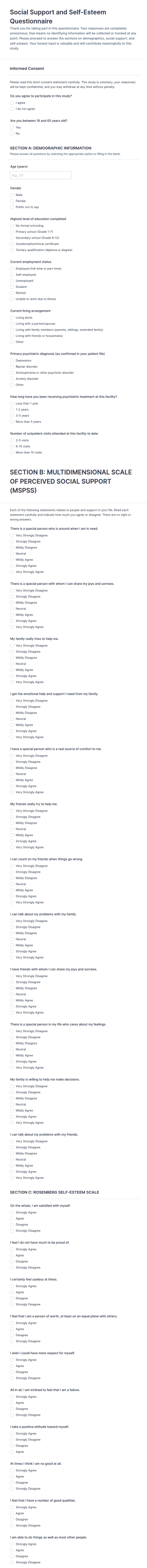 Self Esteem Questionnaire Form Template