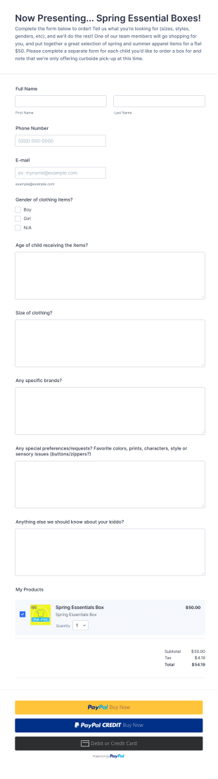 Spring Essentials Box Order From Form Template