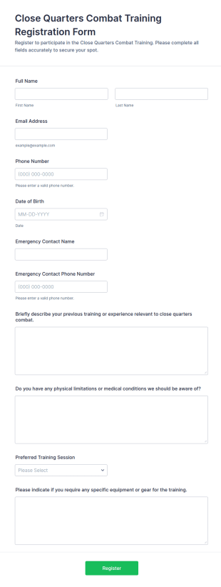 Close Quarters Combat Training Registration Form Template