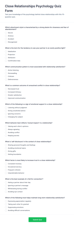 Close Relationships Psychology Quiz Form Template