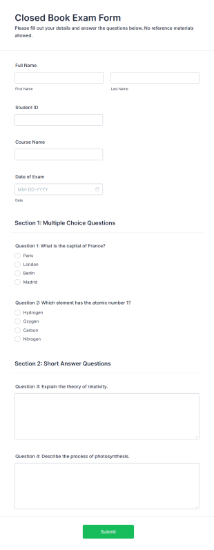 Closed Book Exam Form Template